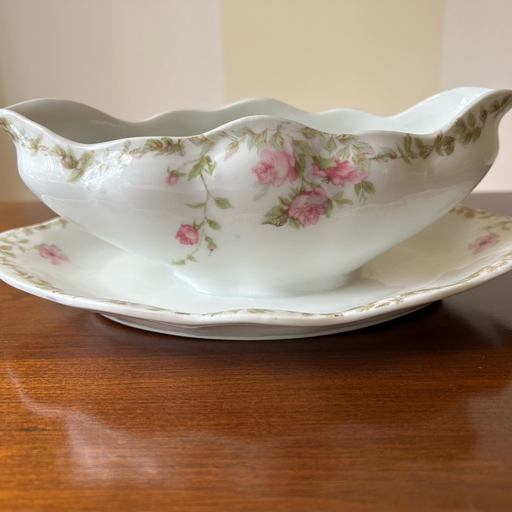 Vintage Pink Floral Bavaria Gravy Boat with Attached underplate, Candy Dish,